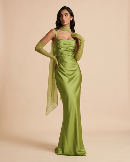 Vestido Maxi Satén con Escote Halter y Espalda Descubierta