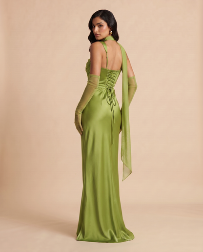 Vestido Maxi Satén con Escote Halter y Espalda Descubierta