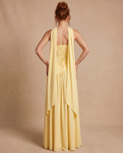 Vestido Maxi con Escote Bandeau y Fular en el Cuello