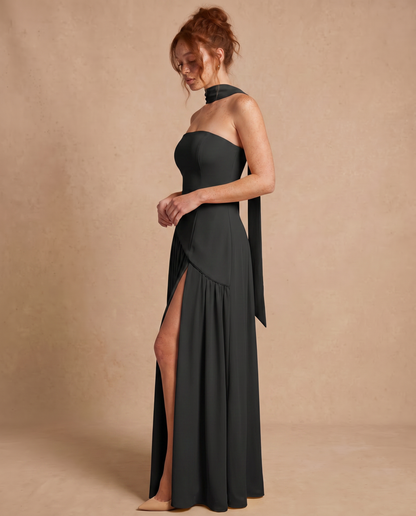 Vestido Maxi con Escote Bandeau y Fular en el Cuello