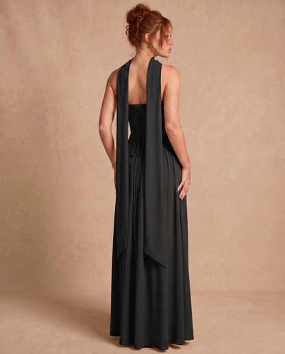 Vestido Maxi con Escote Bandeau y Fular en el Cuello