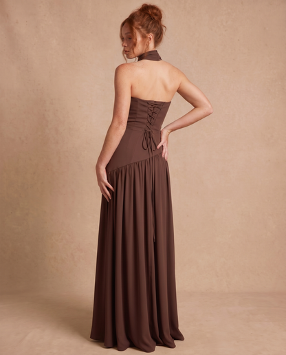 Vestido Maxi con Escote Bandeau y Fular en el Cuello