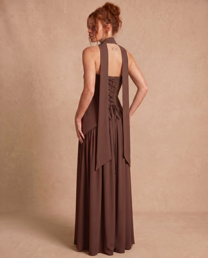 Vestido Maxi con Escote Bandeau y Fular en el Cuello