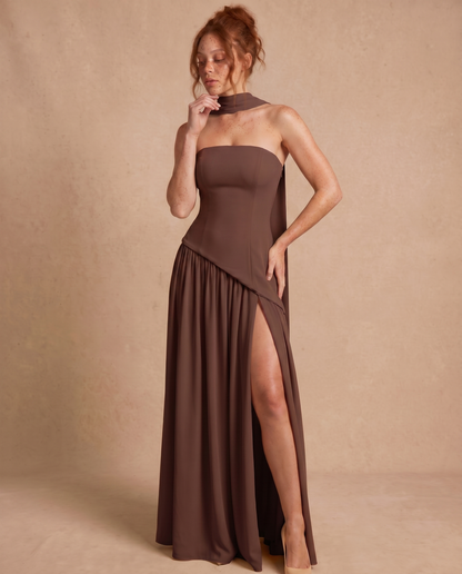 Vestido Maxi con Escote Bandeau y Fular en el Cuello