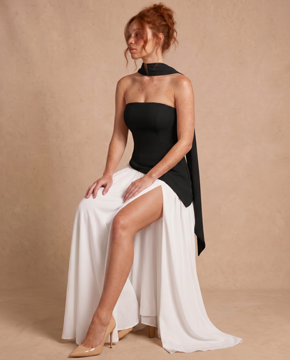 Vestido Maxi con Escote Bandeau y Fular en el Cuello