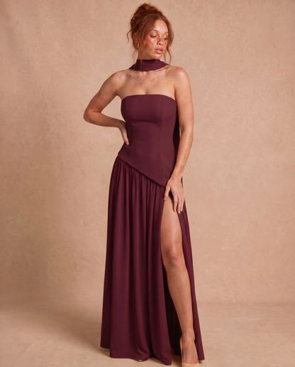 Vestido Maxi con Escote Bandeau y Fular en el Cuello