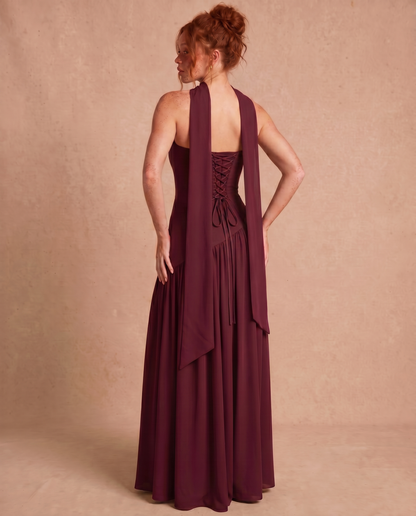 Vestido Maxi con Escote Bandeau y Fular en el Cuello