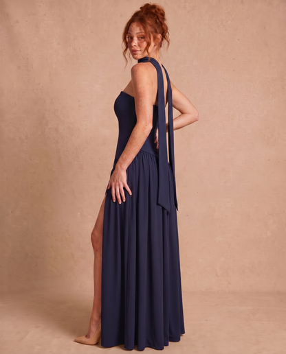 Vestido Maxi con Escote Bandeau y Fular en el Cuello