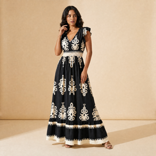 Penélope | Vestido Maxi Barroco con Escote en V - Sara Loza