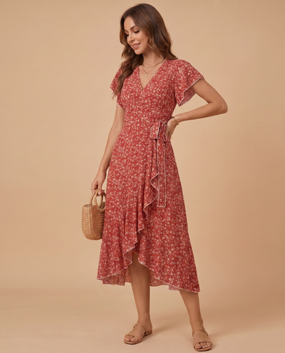 Daniela | Vestido Maxi Floral con Escote en V y Volantes