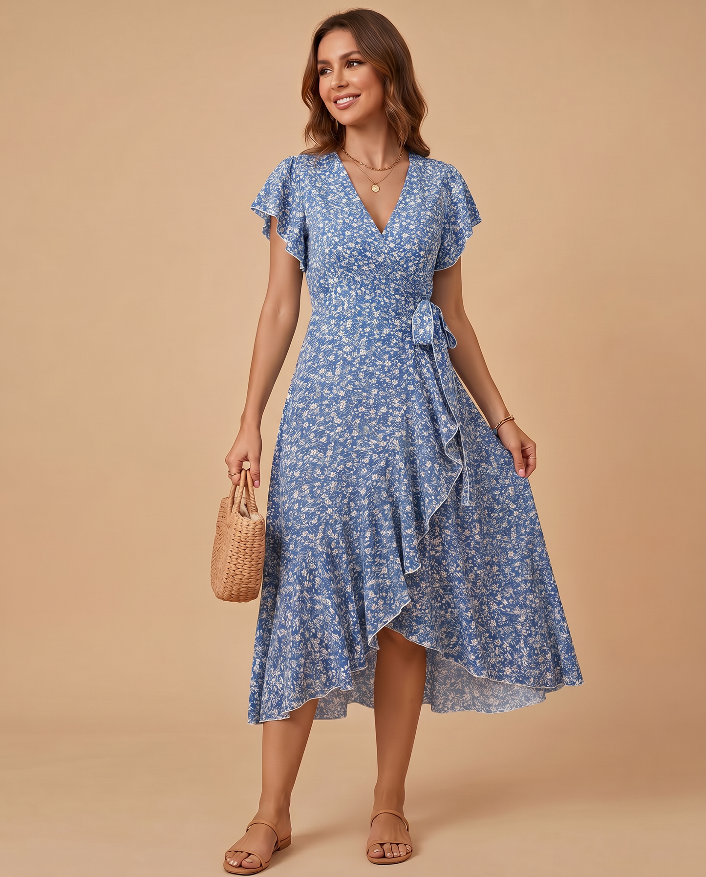Daniela | Vestido Maxi Floral con Escote en V y Volantes